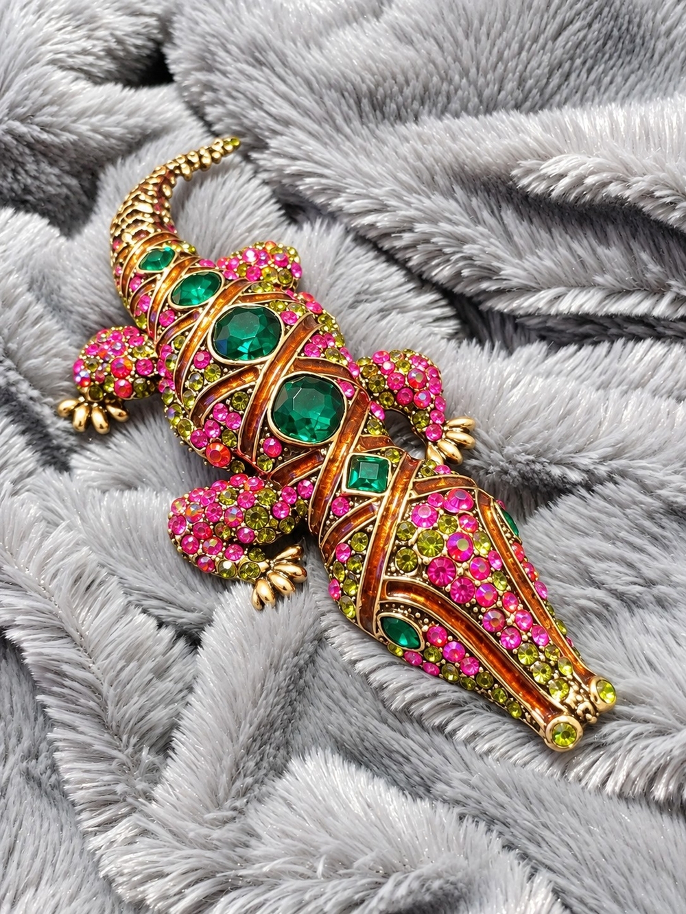 Jeweled Gator Brooch in Gold Tone & Pink